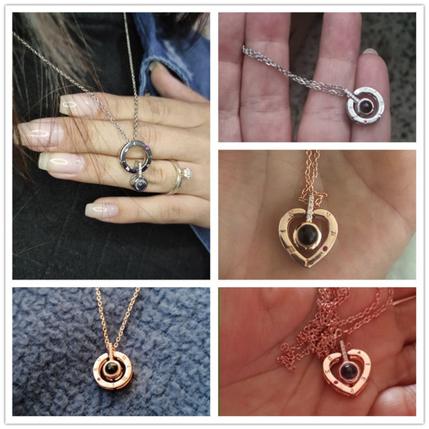 Huitan Hot Sale Round/Heart Pendant Necklace for Women with Unique Projection Function 100 Language "I LOVE YOU" Love Necklaces