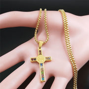 Catholic Jesus Cross Stainless Steel Necklace Saint Benedict Crystal Virgin Mary Pendant Crucifix Male Necklaces Jewelry cruz