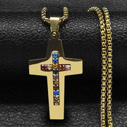 Catholic Jesus Cross Stainless Steel Necklace Saint Benedict Crystal Virgin Mary Pendant Crucifix Male Necklaces Jewelry cruz