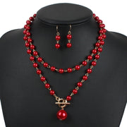 Women Red Simulated Pearl Bridal Wedding Jewelry Set