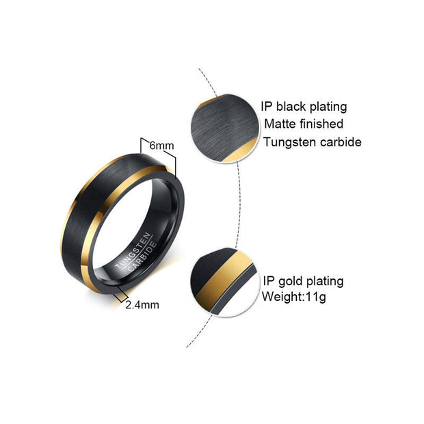 Men 6mm Gold Color Line Ring Black Matte Finished Ring
