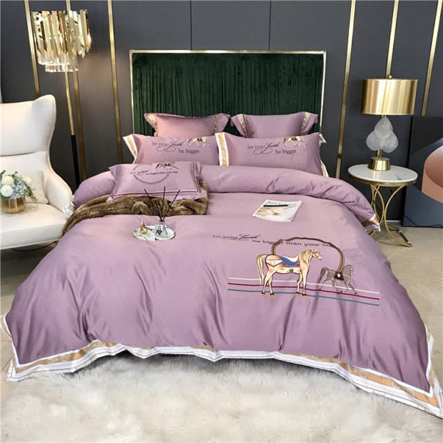 New Luxury White Satin Silk Cotton Knight Horse Embroidery Bedding Set Double Duvet Cover Set Bed Linen Fitted Sheet Pillowcases