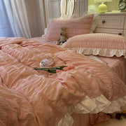 Pink Ruffled Seersucker Duvet Cover Set 3/4pcs Soft Lightweight Down Alternative Grey Bedding Set with Bed Skirt and Pillowcases