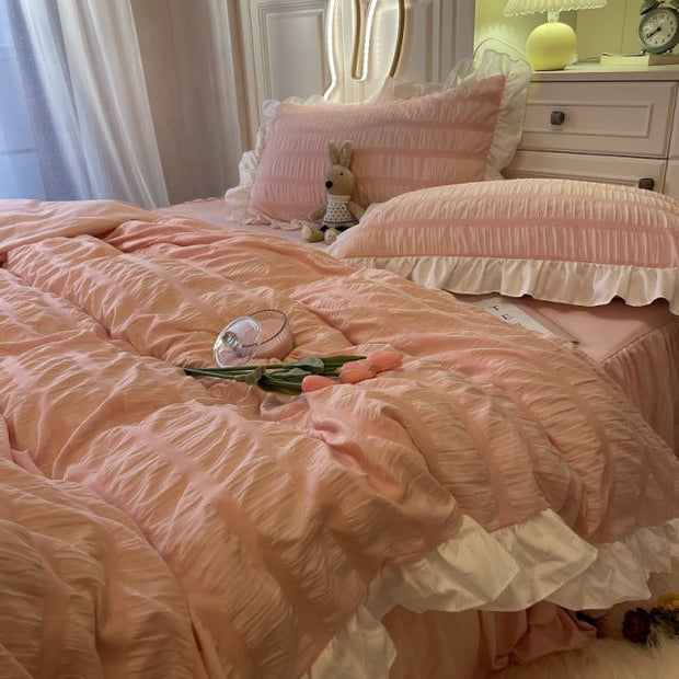 Pink Ruffled Seersucker Duvet Cover Set 3/4pcs Soft Lightweight Down Alternative Grey Bedding Set with Bed Skirt and Pillowcases