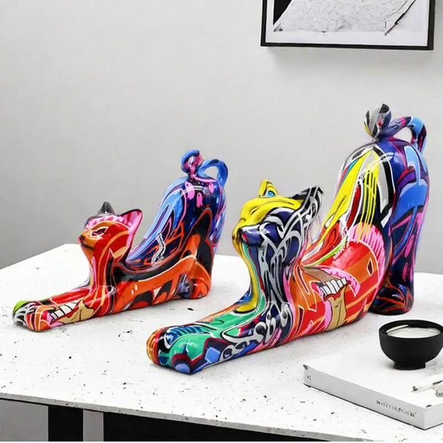 Colorful Art Cat Figure Graffiti Statue Home Wine Cabinet Office Collection Decoration Tabletop Resin Crafts Miniature Statues