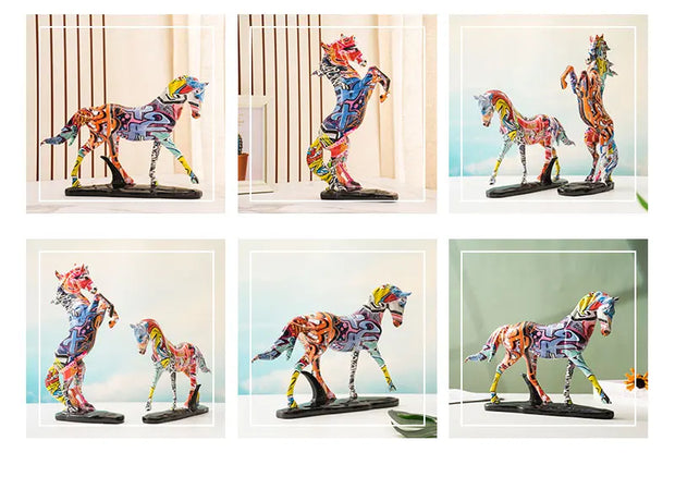 NORTHEUINS Resin Graffiti Art Horse Figurines Painted Colorful Animal Statue Home Living Room Desktop Feng Shui Ornament Decor