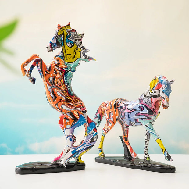 NORTHEUINS Resin Graffiti Art Horse Figurines Painted Colorful Animal Statue Home Living Room Desktop Feng Shui Ornament Decor