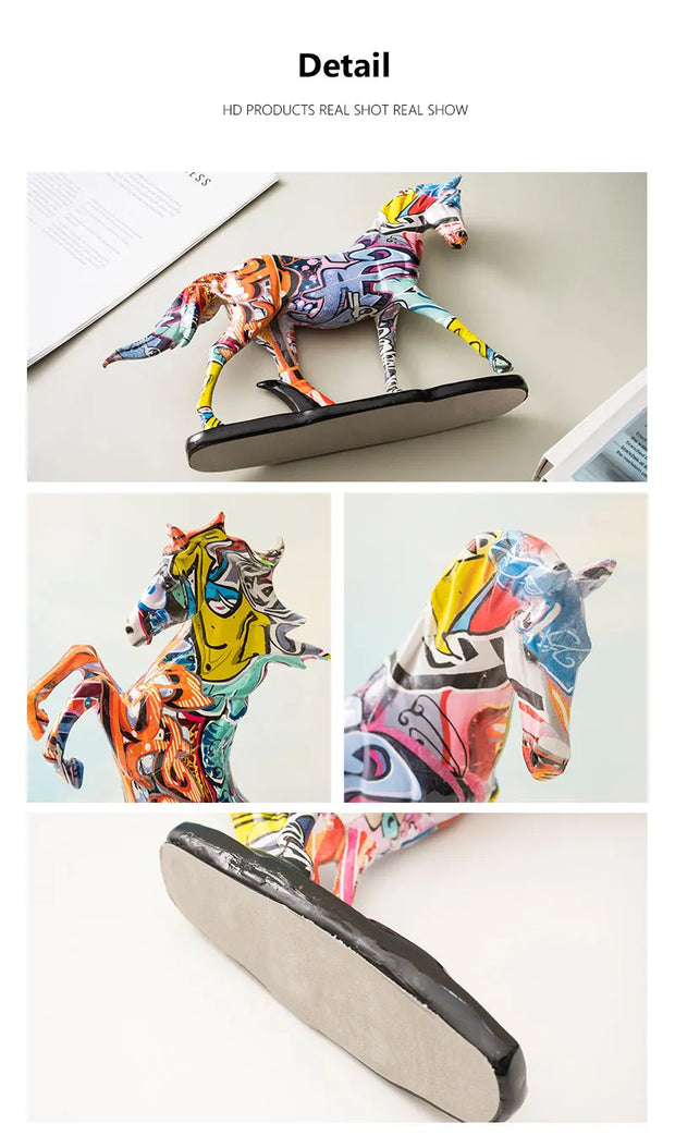 NORTHEUINS Resin Graffiti Art Horse Figurines Painted Colorful Animal Statue Home Living Room Desktop Feng Shui Ornament Decor