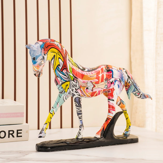NORTHEUINS Resin Graffiti Art Horse Figurines Painted Colorful Animal Statue Home Living Room Desktop Feng Shui Ornament Decor
