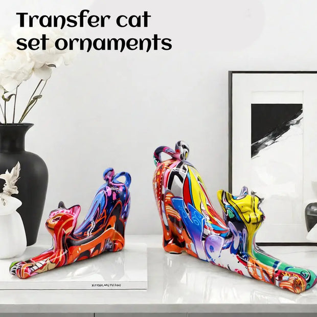 Colorful Art Cat Figure Graffiti Statue Home Wine Cabinet Office Collection Decoration Tabletop Resin Crafts Miniature Statues