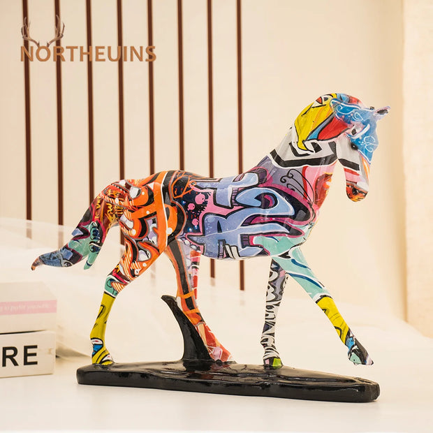 NORTHEUINS Resin Graffiti Art Horse Figurines Painted Colorful Animal Statue Home Living Room Desktop Feng Shui Ornament Decor