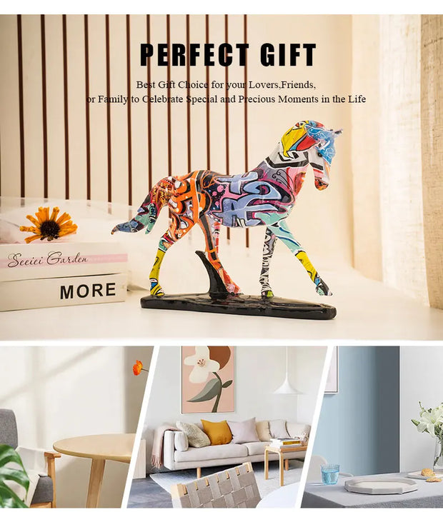NORTHEUINS Resin Graffiti Art Horse Figurines Painted Colorful Animal Statue Home Living Room Desktop Feng Shui Ornament Decor