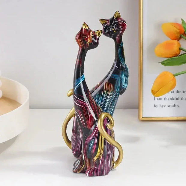 Colorful Cat Statue Oil Painting Set, Couple Sculptures, Modern Resin Statue for Home Decor, Living Room Bookshelf Accents