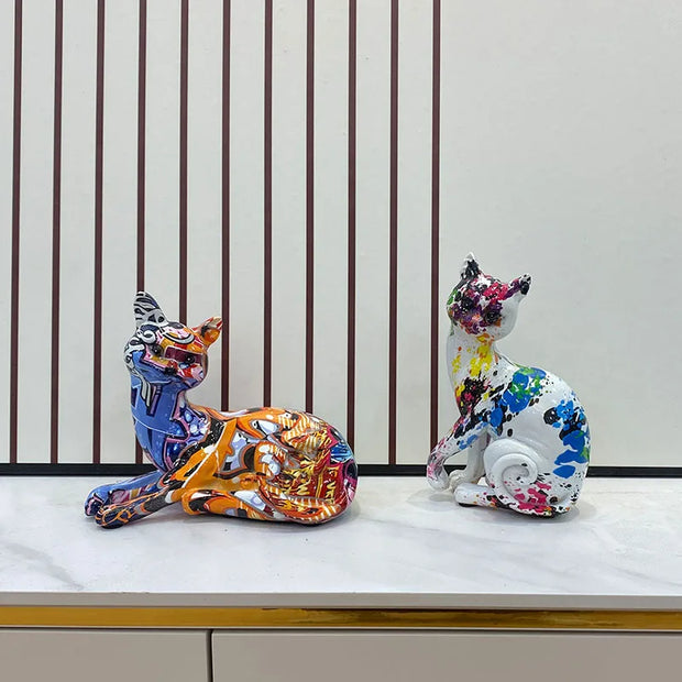 Modern Art Decoration Crafts Colorful Graffiti Cats Ornaments Standing Figurines Statues for Desk Living Room Cabinet