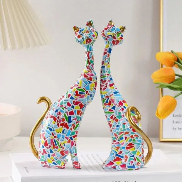 Colorful Cat Statue Oil Painting Set, Couple Sculptures, Modern Resin Statue for Home Decor, Living Room Bookshelf Accents