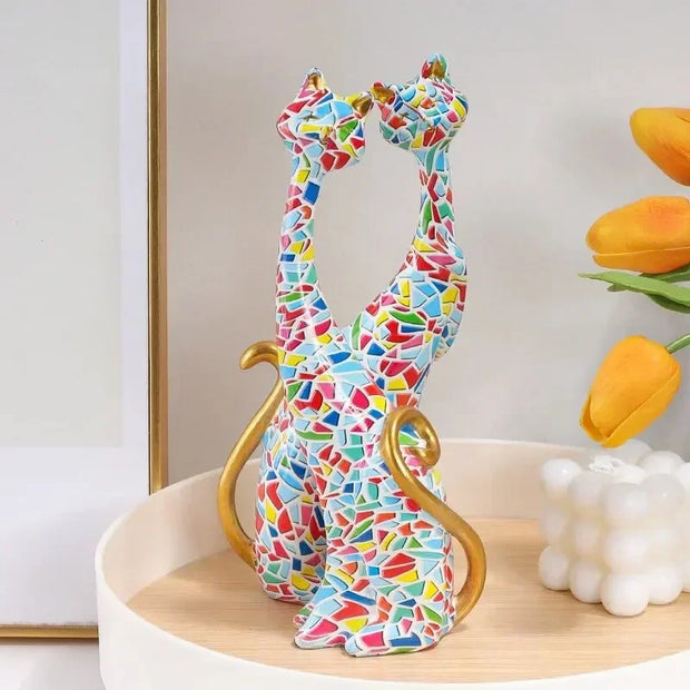 Colorful Cat Statue Oil Painting Set, Couple Sculptures, Modern Resin Statue for Home Decor, Living Room Bookshelf Accents