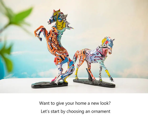 NORTHEUINS Resin Graffiti Art Horse Figurines Painted Colorful Animal Statue Home Living Room Desktop Feng Shui Ornament Decor