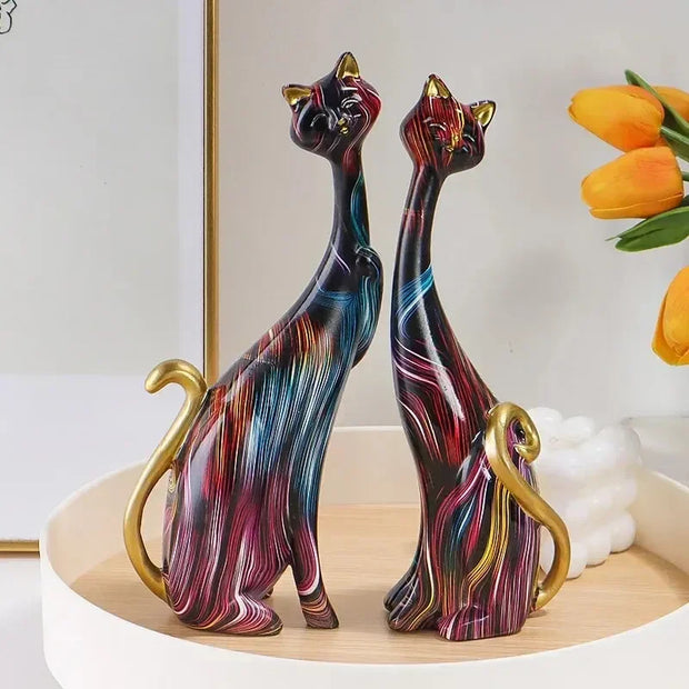 Colorful Cat Statue Oil Painting Set, Couple Sculptures, Modern Resin Statue for Home Decor, Living Room Bookshelf Accents