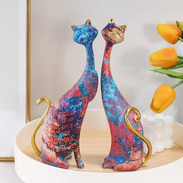 Colorful Cat Statue Oil Painting Set, Couple Sculptures, Modern Resin Statue for Home Decor, Living Room Bookshelf Accents