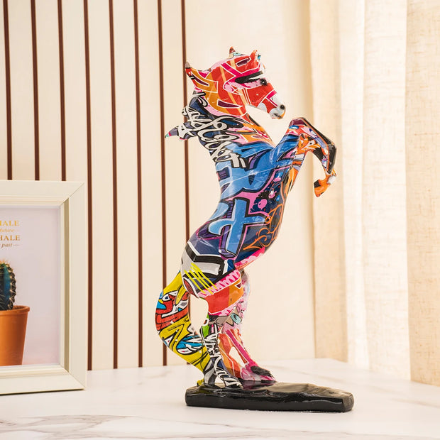 NORTHEUINS Resin Graffiti Art Horse Figurines Painted Colorful Animal Statue Home Living Room Desktop Feng Shui Ornament Decor