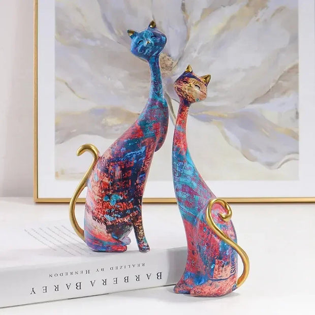 Colorful Cat Statue Oil Painting Set, Couple Sculptures, Modern Resin Statue for Home Decor, Living Room Bookshelf Accents