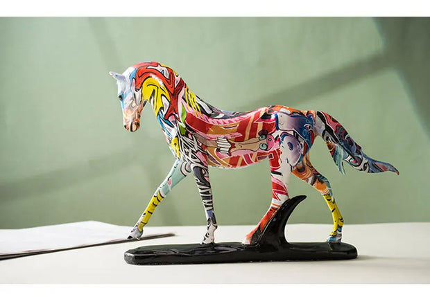 NORTHEUINS Resin Graffiti Art Horse Figurines Painted Colorful Animal Statue Home Living Room Desktop Feng Shui Ornament Decor